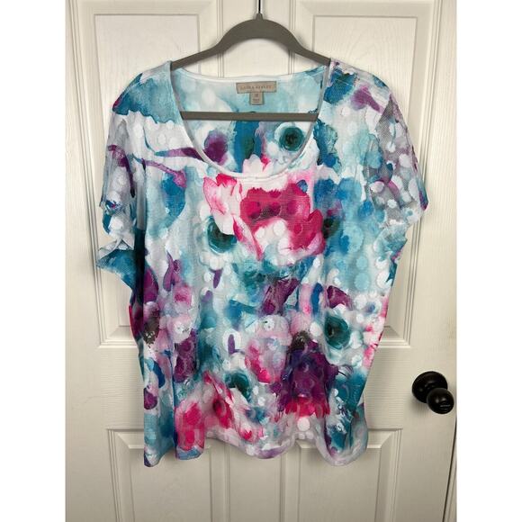 Laura Ashley 2X White Bold Colorful Pastel Floral Mesh Short Sleeve Top Boho - Picture 10 of 11